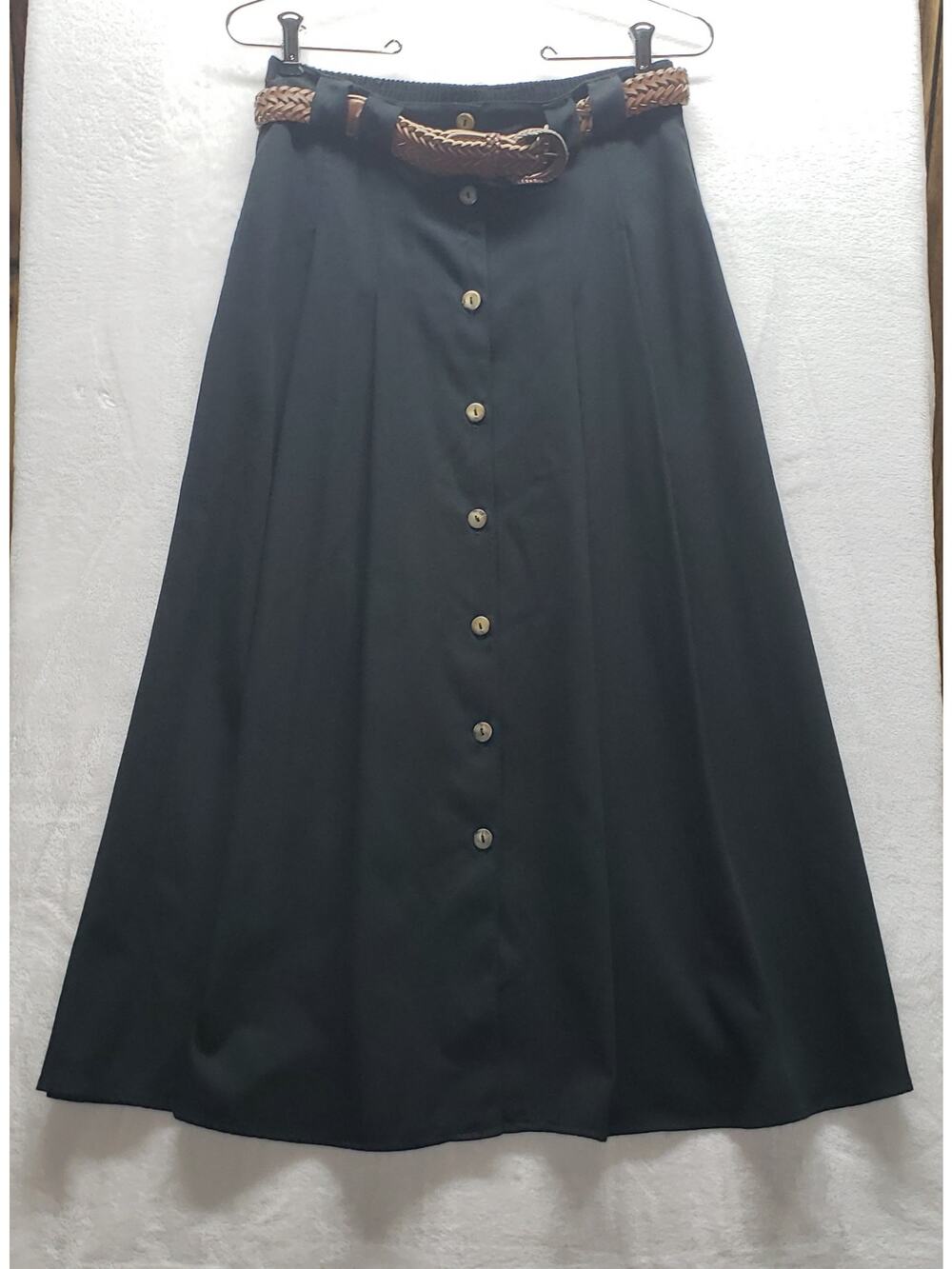 Vintage 70s ILGWU Black Midi Skirt 10 Union Made High Waist Dark Academia Goth
